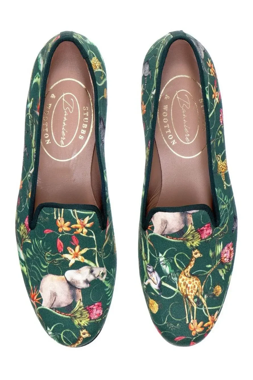 NEW Stubbs & Wootton Africa Emerald Silk Venetian Green Print Flat 10